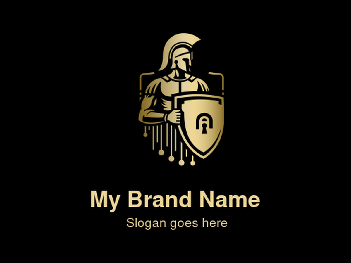 Elegant Gold Spartan Warrior with Shield and Lock Symbol Logo Design for Premium Cybersecurity and Defense Branding